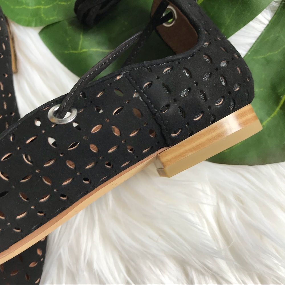 Black Suede Perforated Lace up Flats - Picture 7 of 10